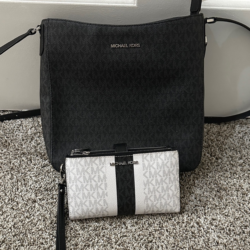 Michael Kors Black Crossbody Bag with White Logo Wallet